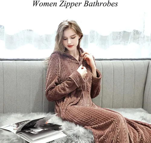 Miniatura 3 de Hellomamma Bata de baño larga con capucha y cremallera para mujer, bata de franela de forro polar, abrigo de invierno cálido para el hogar, camisón