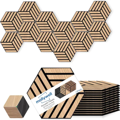 Miniatura 19 de Mollywell Paneles acústicos, decoración de grano de madera de PVC, azulejos de pared con patrón tallado de 12 x 12 pulgadas, autoadhesivos