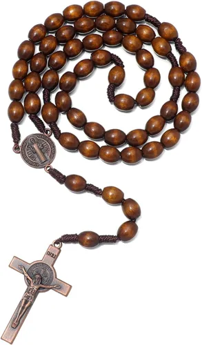Miniatura 7 de KOMI Rosarios católicos de madera hechos a mano, collar de cuentas de rosario de madera de Belén, medalla de suelo santo y cruz de metal para regalo