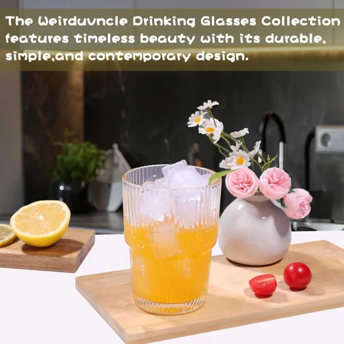 Miniatura 6 de Juego de 6 lindos vasos de vidrio acanalados, vaso de vidrio transparente vintage de 14 oz, estilo origami, diseño acanalado, ideal para agua, café