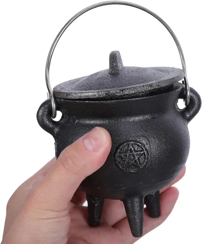 Miniatura 6 de DOITOOL Caldero de hierro fundido con tapa y asa, caldero de bruja de Halloween, olla de bruja negra para manchar, quemar incienso, decoración