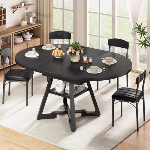 Miniatura 3 de Mesa de comedor redonda extensible de 43 a 57 pulgadas para 4-6, moderna mesa de comedor ovalada de cocina industrial con hojas extraíbles, base