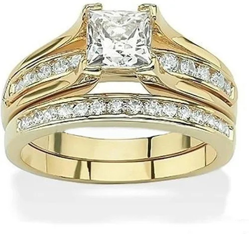 Miniatura 2 de His & Her 14K.G.P., conjuntos de anillos de compromiso y de bodas de 3 piezas en acero inoxidable para mujer y hombre.