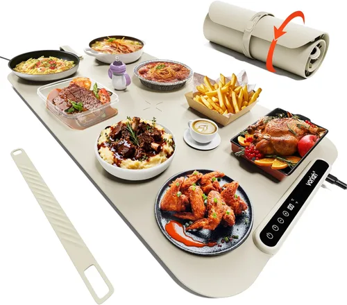 Miniatura 8 de Esterilla de calentamiento para alimentos, bandeja de calentamiento eléctrica Voriah con 3 ajustes de temperatura y apagado automático, calentador