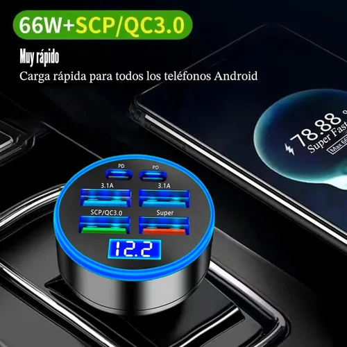 Miniatura 6 de Adaptador De Carga Súper Rápida USB C Para Coche Y Teléfono 6 En 1 Con Pantalla De Voltaje 250W Carga USB De Encendedor De Cigarrillos De Múltiples