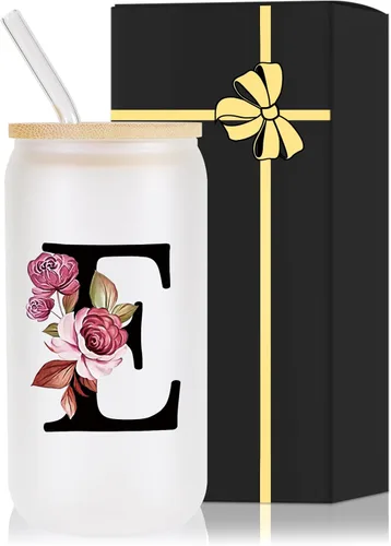 Miniatura 8 de Vaso de vidrio con monograma con tapa de bambú, popote personalizado, vaso de café helado de 16 onzas, tarro transparente de masón, cerveza, agua