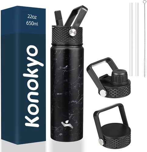 Miniatura 79 de Konokyo - Botella de agua aislada de 18 onzas, botellas deportivas de acero inoxidable con 3 tapas, verde militar