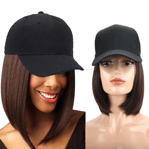 Miniatura 24 de Extensiones de cabello sintético Bobo corto con gorra de béisbol negra de 9 pulgadas, peluca con gorro de cabello negro y marrón para mujer, peluca
