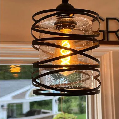 Miniatura 7 de Mini lámpara colgante moderna para isla de cocina, 6.30 pulgadas, jaula espiral negra mate soplada a mano, pantalla de vidrio transparente