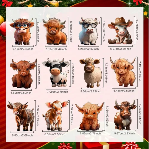 Miniatura 3 de Wenqik 36 piezas de decoración de madera de vaca de las tierras altas del oeste, juego de adornos de Navidad con bonitos recortes de ganado