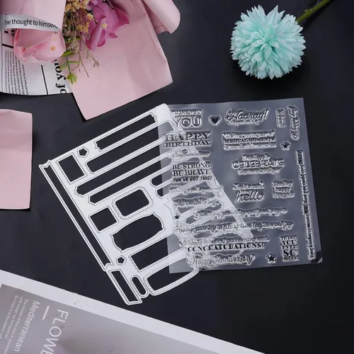 Miniatura 3 de Sucrain 2 troqueles de metal troquelados y sellos de silicona transparente, para hacer tarjetas, papel, manualidades, álbumes de recortes