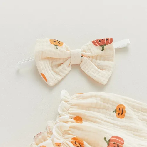 Miniatura 5 de Ropa de Halloween para bebé niña, lindo mameluco de calabaza de algodón y lino de manga larga, overol de otoño