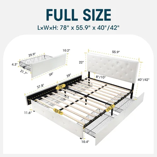 Miniatura 2 de WEEWAY Base de cama de plataforma de tamaño matrimonial con 4 cajones de almacenamiento, cabecera capitonada con botones de costura de diamante