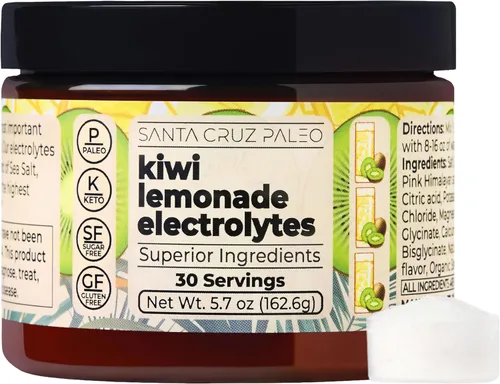 Santa Cruz Paleo Polvo de electrolitos, sabor a limonada de kiwi, mezcla de bebida de hidratación sin azúcar con sal rosa del Himalaya, sal marina,