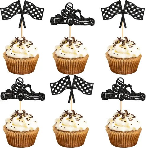Miniatura 11 de 24 piezas de adornos para cupcakes de coche de carreras, trofeo brillante, bandera de carreras, decoraciones de pastel con temática de carreras