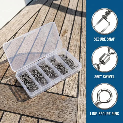 Miniatura 5 de 110 piezas de acero inoxidable barril giratorio accesorios de pesca, equipo de pesca premium con rodamiento de bolas, conector giratorio de broches