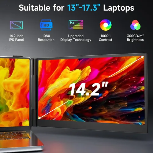 Miniatura 4 de Extensor de pantalla para portátil de 0.17 pulgadas, ultrafino, 14.2 pulgadas, FHD 1080P IPS, monitor portátil para laptop, extensor de monitor