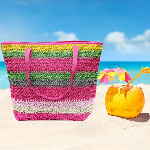 Miniatura 44 de Bolso grande de paja para mujer, tejido de ratán, bolso de playa de verano, a rayas