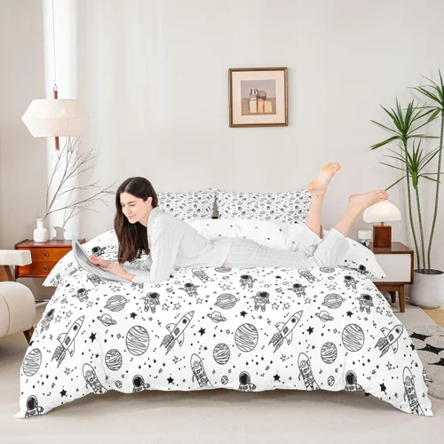 Miniatura 4 de Juego de ropa de cama tamaño individual, diseño de astronauta, diseño de galaxia, astronauta, reversible, universo, estrellas, funda de edredón