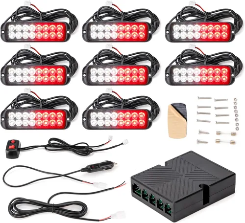 Miniatura 12 de Kit de Luces Estroboscópicas LED Ámbar Blanco - 8PCS 16-LED Luz de Advertencia de Peligro Intermitente de Emergencia 12V Función de Sincronización