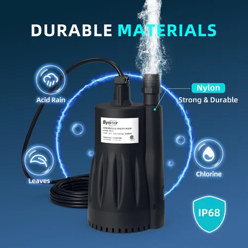Miniatura 8 de Bomba de agua sumergible de 1/3 HP, bomba de sumidero de 1800 GPH con carcasa termoplástica, bomba de agua eléctrica portátil de 115 V con cable
