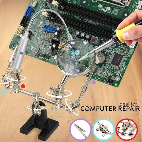 Miniatura 6 de RamPro soporte con lupa de mano y cuello flexible con luz LED + pinzas de cocodrilo, perfecto para soldar (baterías incluidas)