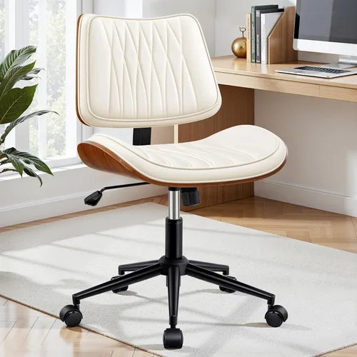 Silla ergonómica de escritorio de oficina sin brazos, de piel sintética blanca moderna de mediados de siglo con costuras de diamante, silla Blanco