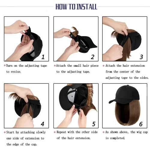 Miniatura 6 de Qlenkay Gorra de béisbol con extensiones de cabello recto, fleco corto, peinado ajustable, extraíble peluca y sombrero ,14 pulgadas para mujer y niña