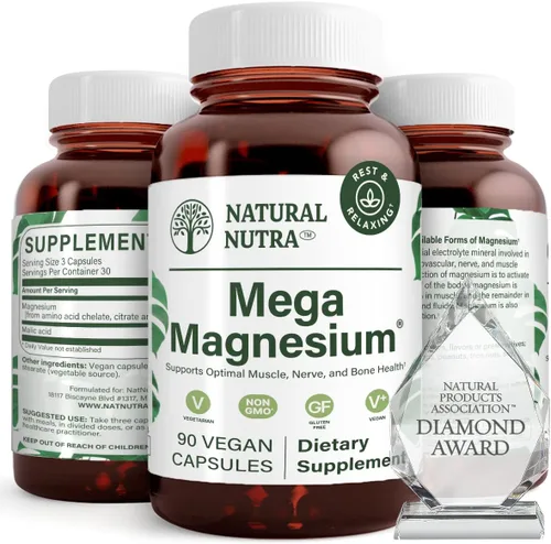 Natural Nutra Suplemento de mega magnesio de aminoácidos malato, quelato, citrato, mejora la fuerza ósea 400 mg, 90 cápsulas