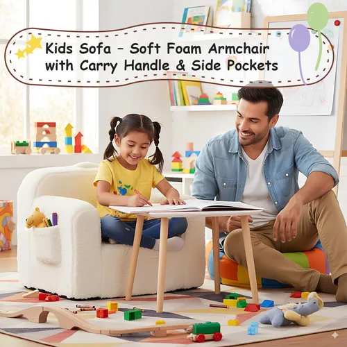 Miniatura 5 de Tiita Sofá para niños, sofá para niños con asa de transporte, sofá portátil de espuma para niños, silla ligera para sala de juegos, dormitorio, Beige