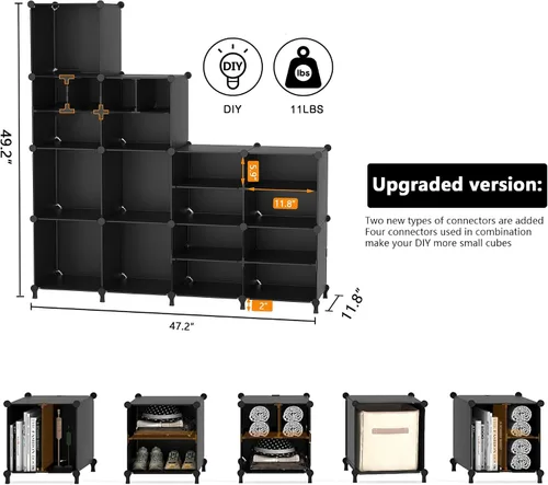 Miniatura 3 de AWTATOS Organizador de almacenamiento de cubos para clóset, 12 estantes de cubos, cubos grandes y pequeños, organizador de estantes de ropa portátil