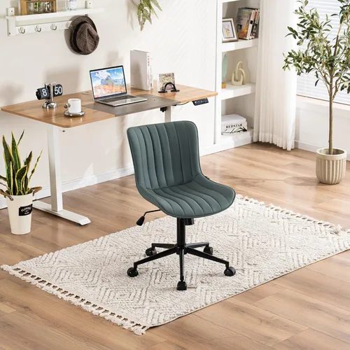 Miniatura 8 de YOUNIKE Silla ergonómica de oficina sin brazos, de piel sintética, pequeña y bonita silla de escritorio con respaldo mecedora de 12°, altura verde