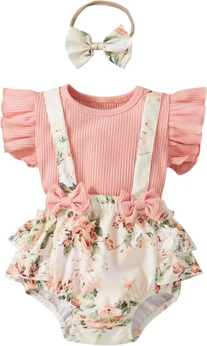 CIYCUIT Ropa de verano para niña recién nacida camiseta acanalada con volantes florales pantalones cortos con tirantes trajes de diadema