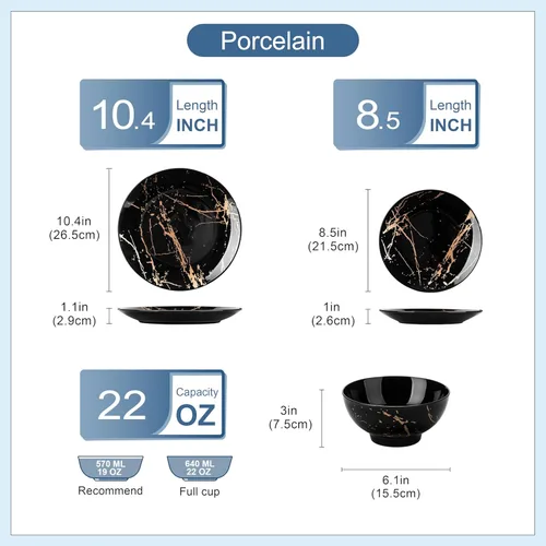 Miniatura 2 de Juegos de platos y tazones LOVECASA para 4, juegos de vajilla de porcelana de 12 piezas, juego de vajilla negro y dorado, juego de vajilla