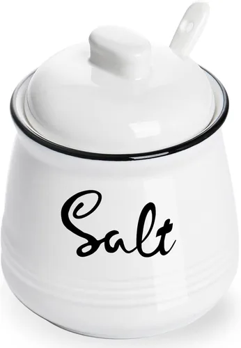 Cuenco de sal de porcelana con tapa y cuchara de 12 onzas, fácil de limpiar (blanco)