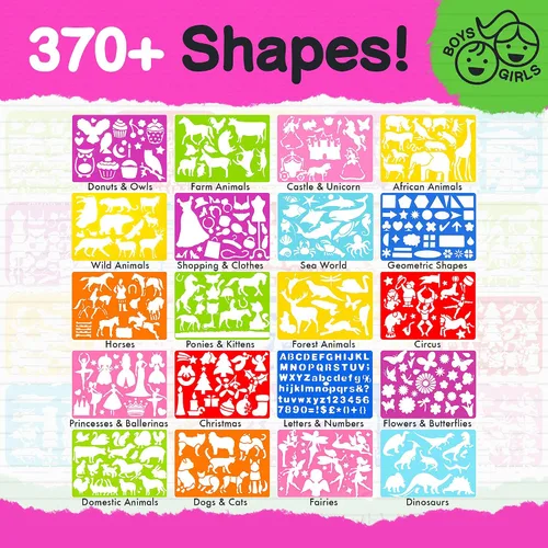 Miniatura 3 de Kit de plantillas de dibujo para niños, juego de 60 piezas de arte con más de 370 formas, bloc de bocetos y lápices de colores para manualidades