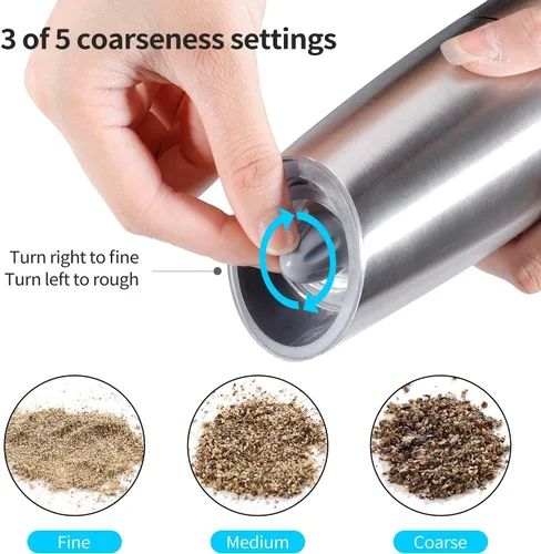 Miniatura 6 de Juego de 2 molinillos eléctricos de sal y pimienta, molinillo automático de sal y pimienta, rugosidad ajustable, funciona con pilas con luz LED