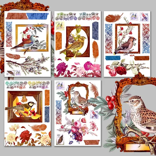Decoupage - Paquete de papel (15 hojas de 8 x 11 pulgadas), pájaros y flores del siglo XIX HANATABA Vintage Art Deco Styled Ephemera Pictures para
