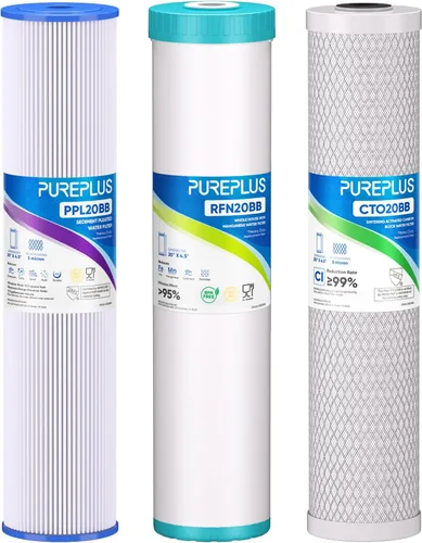 Miniatura 15 de PUREPLUS Kit combinado de cartucho de filtro de agua de 3 etapas para toda la casa de 4.5 x 20 pulgadas con sedimento, KDF y carbón activado