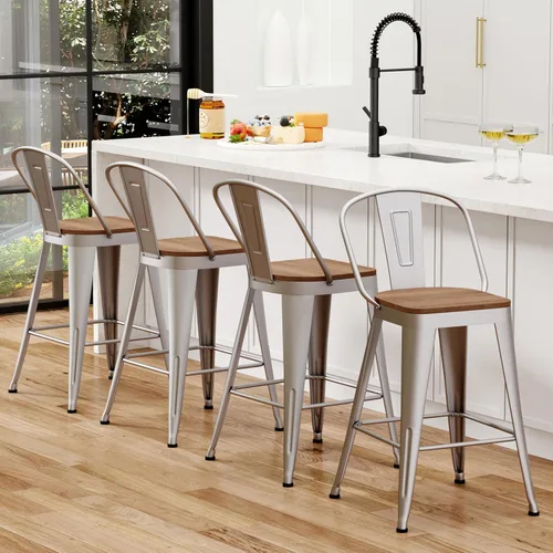 Miniatura 14 de Juego de 4 taburetes de bar de altura de mostrador para isla de cocina, estilo granja, sillas de bar de metal con respaldo alto, asiento de madera