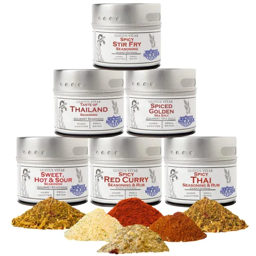 Thai Seasonings Gourmet Set de regalo – Tastes of Thailand – Mezcla de especias artesanales – Paquete de seis – Sin OMG, totalmente natural, lote