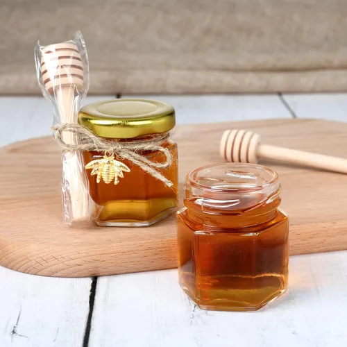 Miniatura 6 de XING-RUIYANG Mini tarros hexagonales de miel de 1.5 onzas, paquete de 30 tarros de miel con tapa dorada, colgantes de abeja, yutes, perfectos