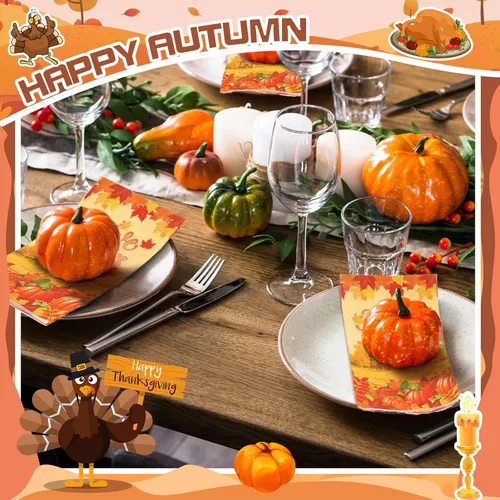 Miniatura 4 de Karenhi 150 servilletas de papel desechables de 3 capas de Acción de Gracias, servilletas de papel desechables de calabaza de otoño, toallas