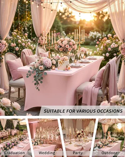 Miniatura 7 de Fixwal Baby Pink Stretch Table Cloth Rectangle 2 Pack 4Ft, Spandex Fitted Table Covers Washable for Party, Trade Show, Banquet, Wedding, Buffet