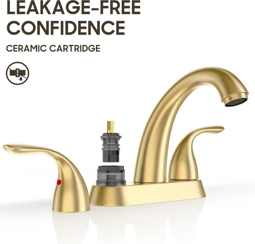 Miniatura 6 de Phiestina Grifo de Baño de Oro Cepillado de 4 Pulgadas Centerset 2 o 3 Agujeros 2 Manijas, Grifo de Baño con Desagüe Emergente de Cobre y Líneas