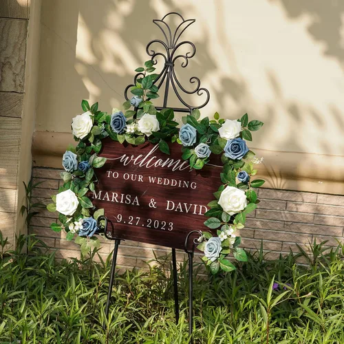 Miniatura 7 de PONATIA Guirnalda de flores artificiales de rosas hechas a mano de 5 pies, guirnalda de flores azul polvoriento y follaje para ceremonia de boda