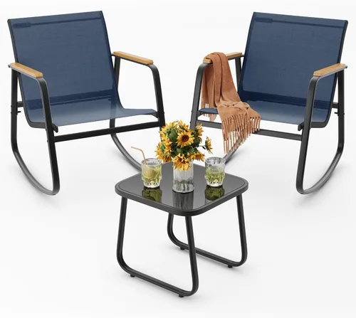 Miniatura 13 de Ahomly - Juego de 3 piezas de muebles de patio, juego de muebles de exterior de Textilene con reposabrazos de madera, mesa de café con superficie