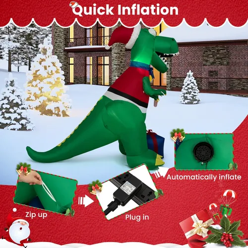 Miniatura 6 de GOFLAME Dinosaurio inflable de Navidad de 6 pies con regalo, decoración de Navidad inflable con luces LED, soplador impermeable, decoración inflable