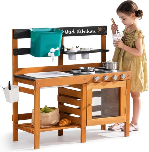 ROBOTIME Cocina de barro para niños al aire libre – Juego de cocina de madera al aire libre con juego de agua real, ollas de cocina y herramientas