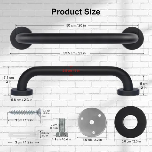 Miniatura 2 de supregear - Paquete de 2 barras de agarre para baño, barra de seguridad negra de 20 pulgadas de longitud, mango antideslizante de acero inoxidable